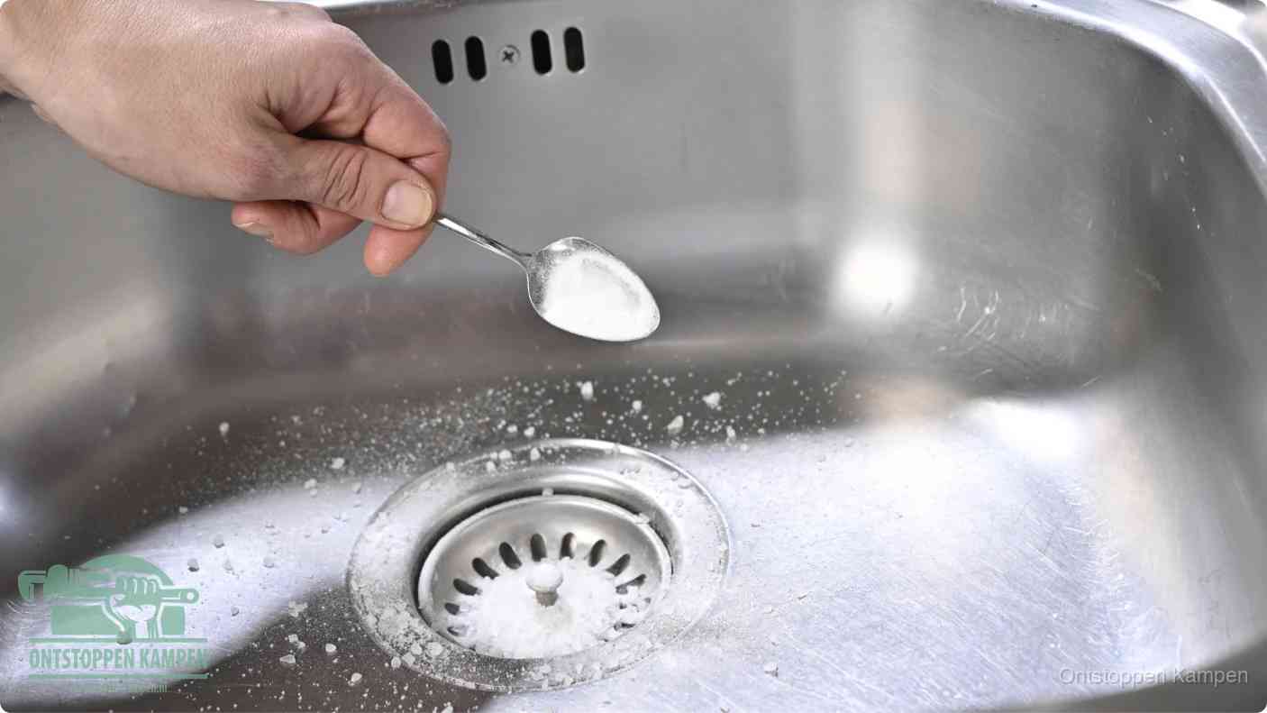 Een hand strooit met een lepel soda in de afvoer van een roestvrijstalen spoelbak, de soda en azijn huismiddel-methode om de afvoer te ontstoppen in Kampen