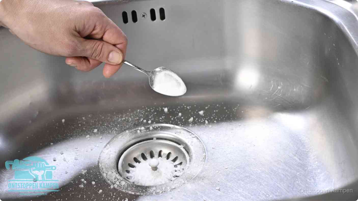 Een hand strooit met een lepel soda in een afvoerputje, de soda en azijn huismiddel-methode om de wc te ontstoppen in Kampen